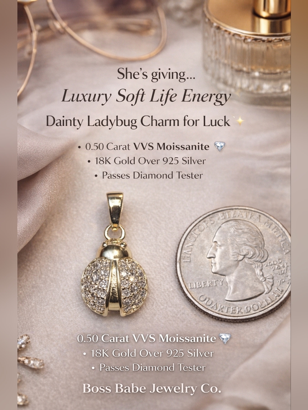 I Attract Luck Moment- Dainty Ladybug Charm - VVS Moissanite Over 925 Silver